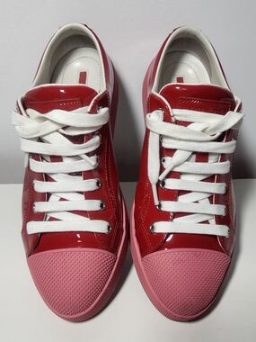 Prada Women's Red Patent Sneakers with Pink Toe Cap